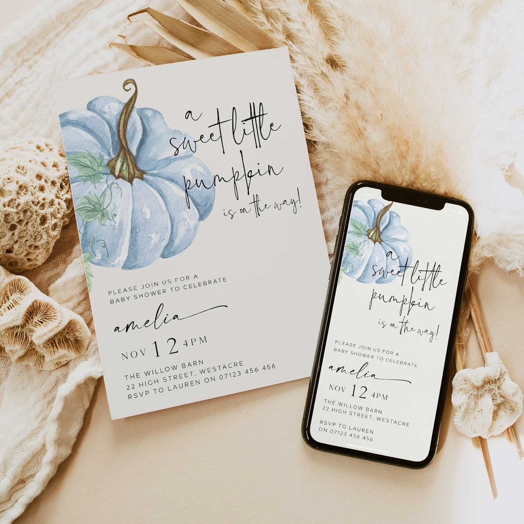 Fall Pumpkin Blue Baby Shower Invitation