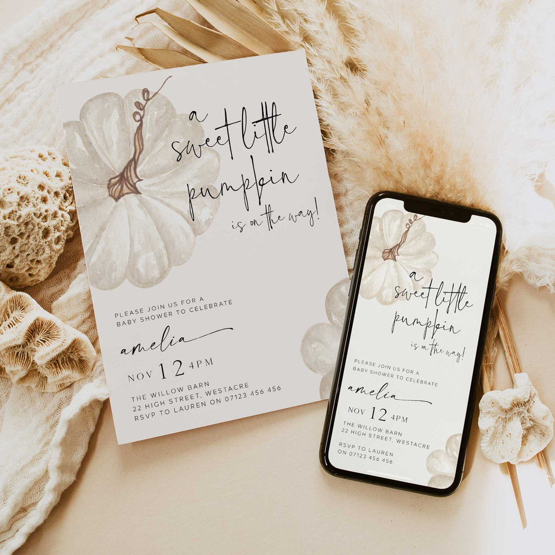 Fall Pumpkin White Baby Shower Invitation