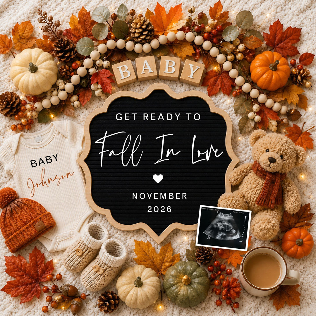 Fall Themed Digital Pregnancy Announcement editable template in Canva