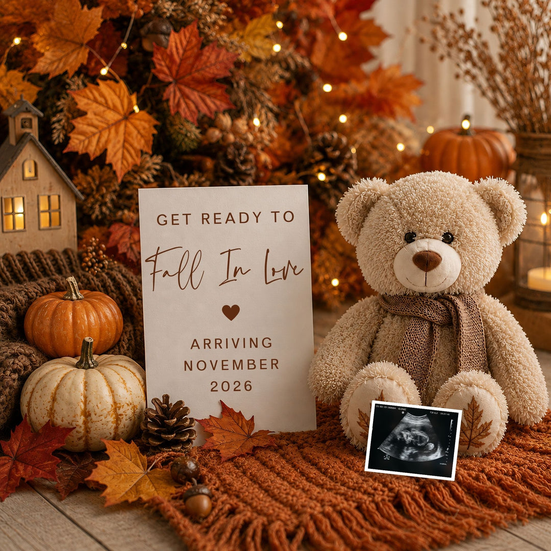 Teddy Bear Fall Themed Pregnancy Announcement as an editable Canva template