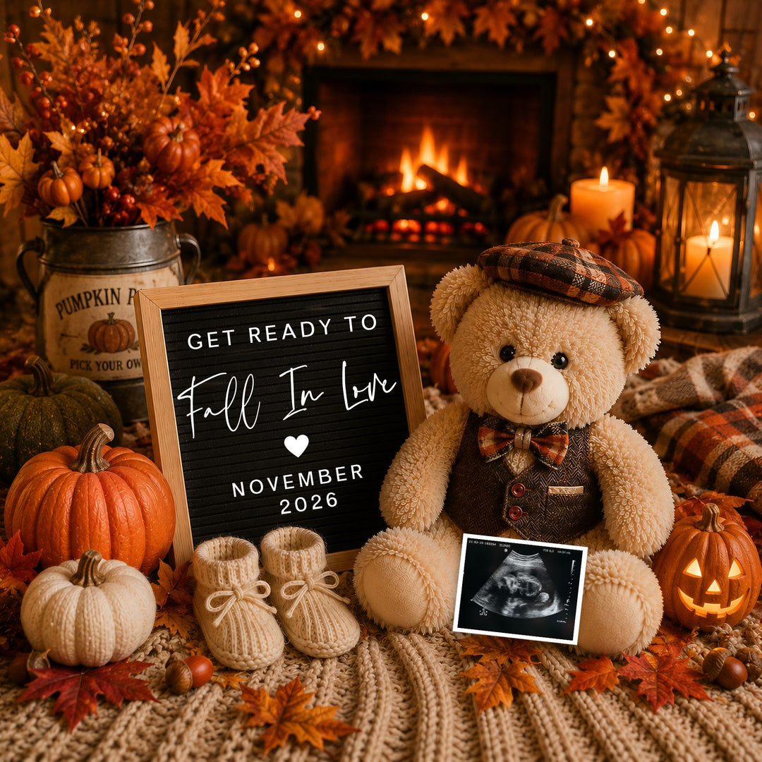 Cosy Fall Themed Digital Pregnancy Announcement editable template in Canva