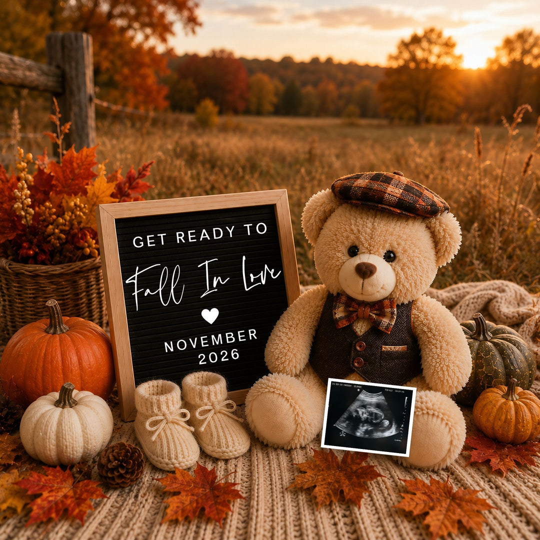 Bear In Field Fall Themed Pregnancy Announcement editable Canva template
