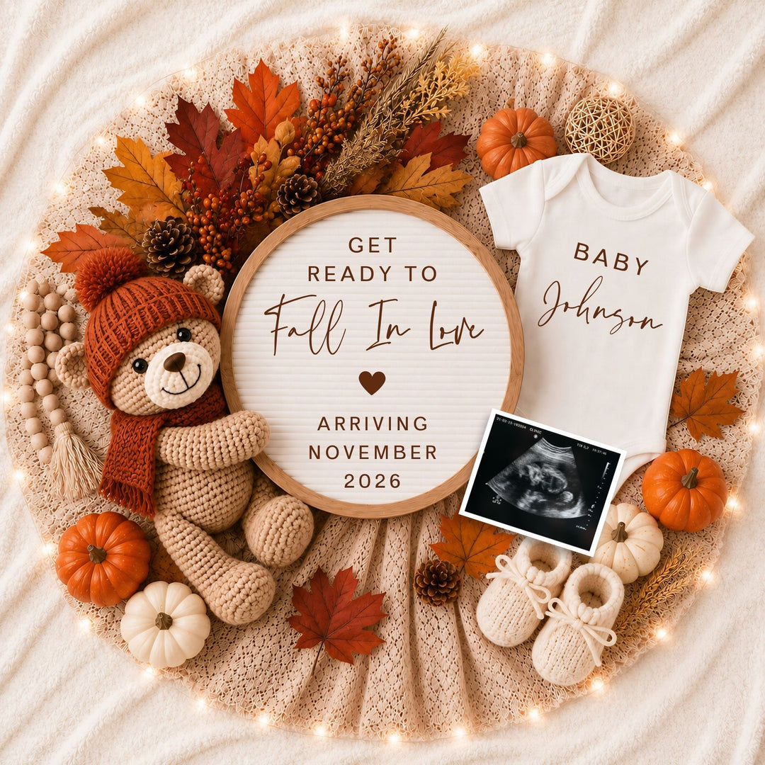 Autumnal Pregnancy Announcement editable Canva Template