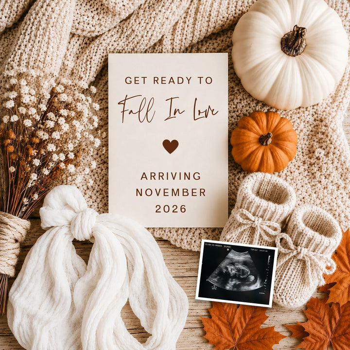Fall Digital Pregnancy Announcement editable template with pumpkins and baby booties