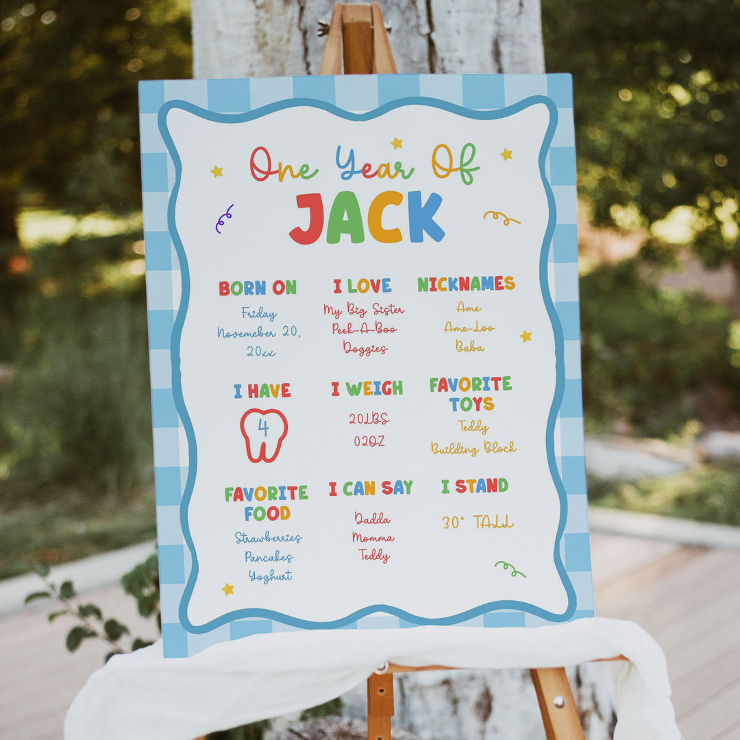 Fun To Be One Blue Gingham 1st Birthday Stats board that is editable in Canva as a template