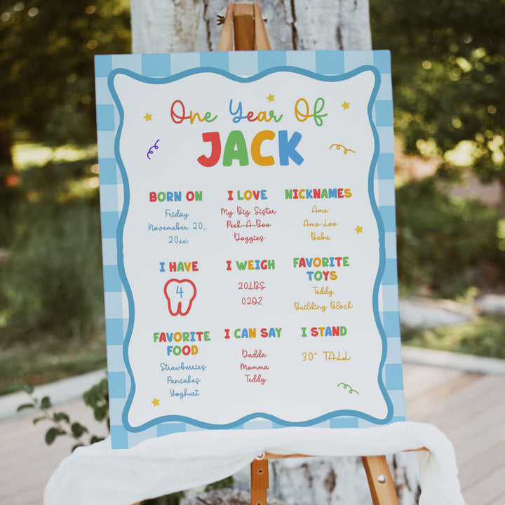 Fun To Be One Blue Gingham 1st Birthday Stats board that is editable in Canva as a template