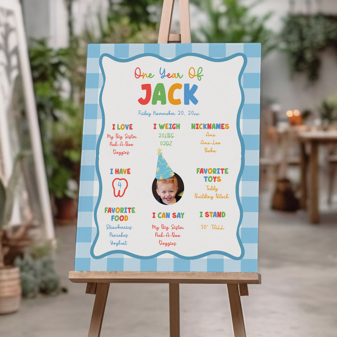 It's Fun To Be One With Photo 1st Birthday Stats Blue as an editable Canva template