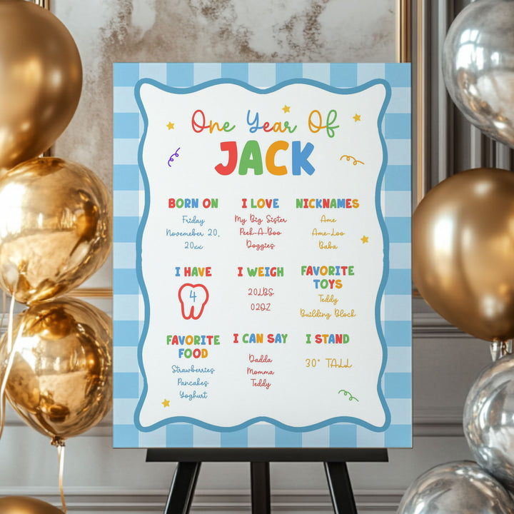 Fun To Be One Blue Gingham 1st Birthday Stats board that is editable in Canva as a template