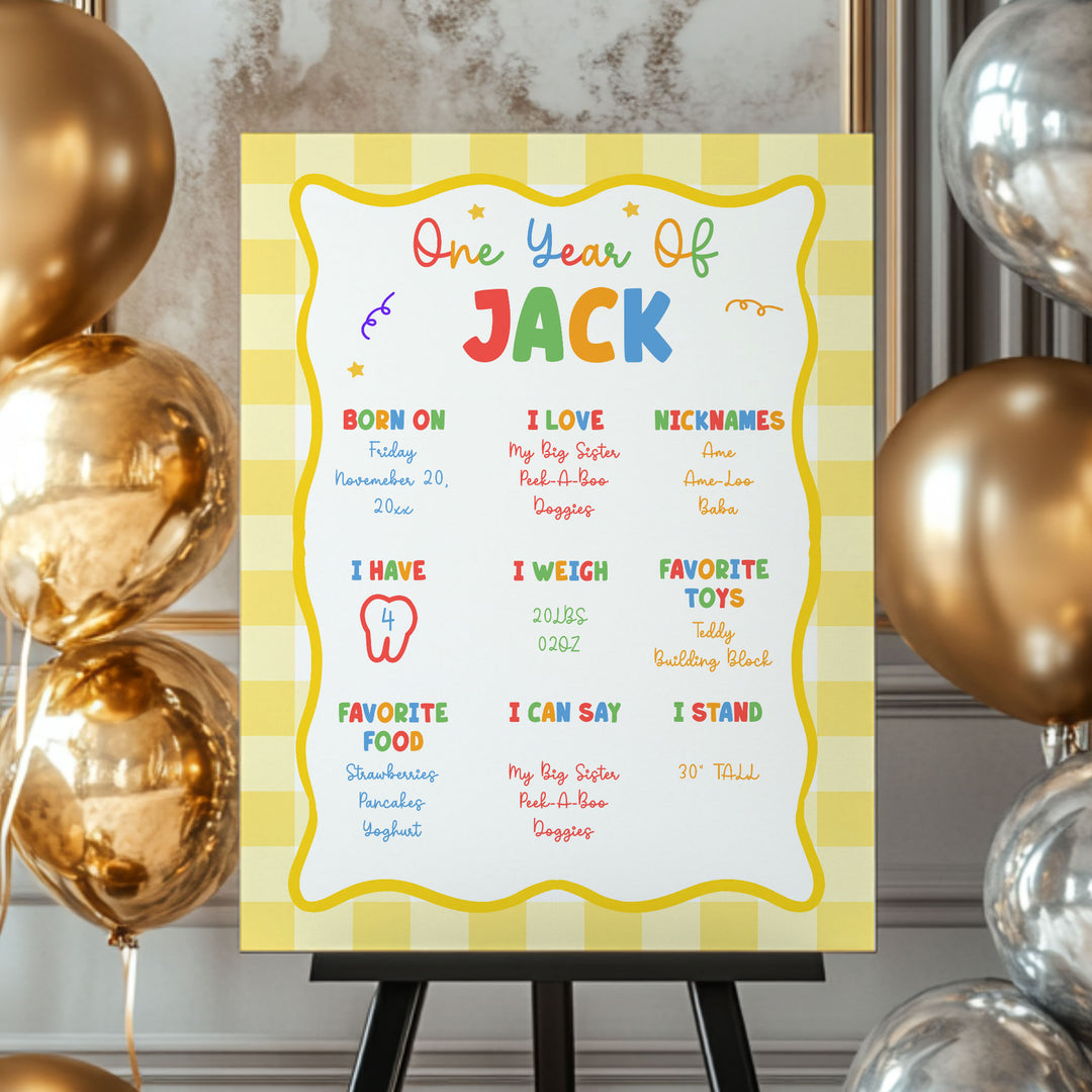 Fun To Be One Yellow Gingham 1st Birthday Stats editable template in Canva