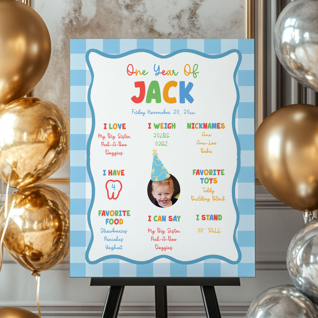 It's Fun To Be One With Photo 1st Birthday Stats Blue as an editable Canva template