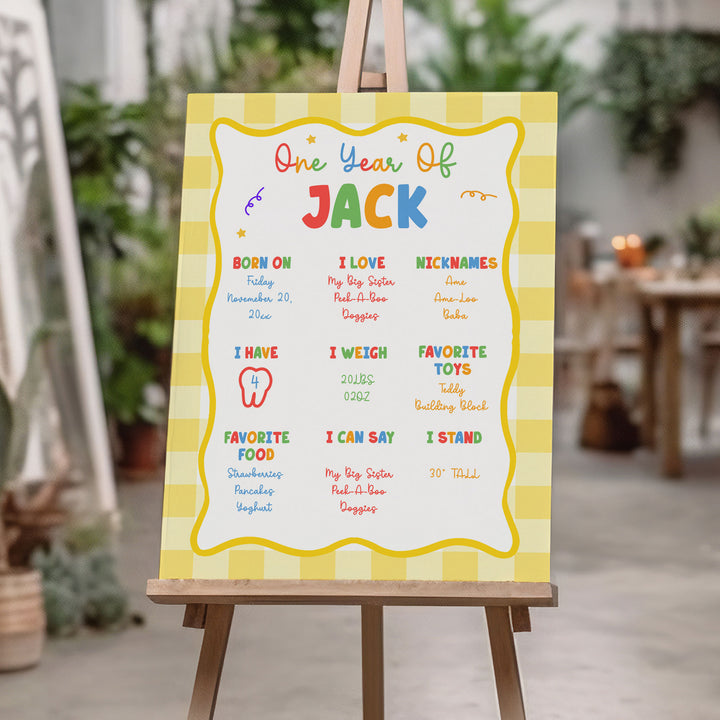 Fun To Be One Yellow Gingham 1st Birthday Stats editable template in Canva