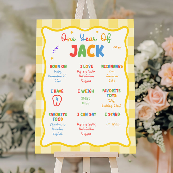 Fun To Be One Yellow Gingham 1st Birthday Stats editable template in Canva