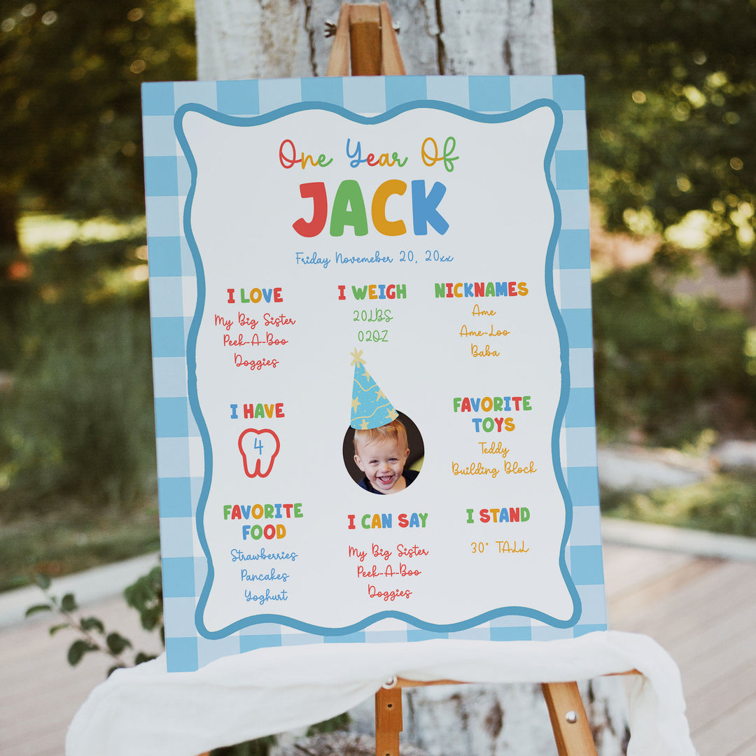 It's Fun To Be One With Photo 1st Birthday Stats Blue as an editable Canva template