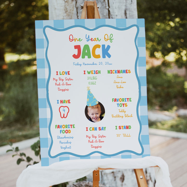 It's Fun To Be One With Photo 1st Birthday Stats Blue as an editable Canva template