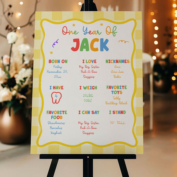 Fun To Be One Yellow Gingham 1st Birthday Stats editable template in Canva