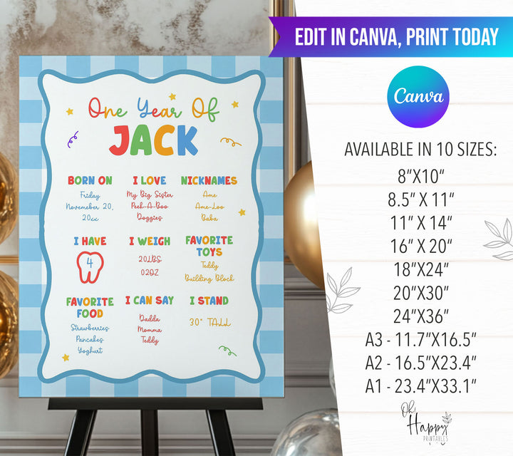 Fun To Be One Blue Gingham 1st Birthday Stats board that is editable in Canva as a template