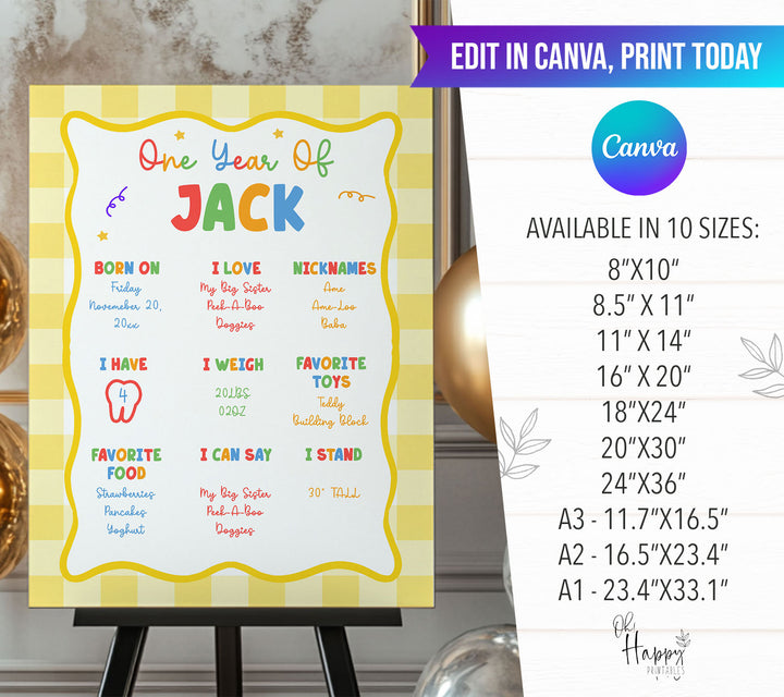 Fun To Be One Yellow Gingham 1st Birthday Stats
