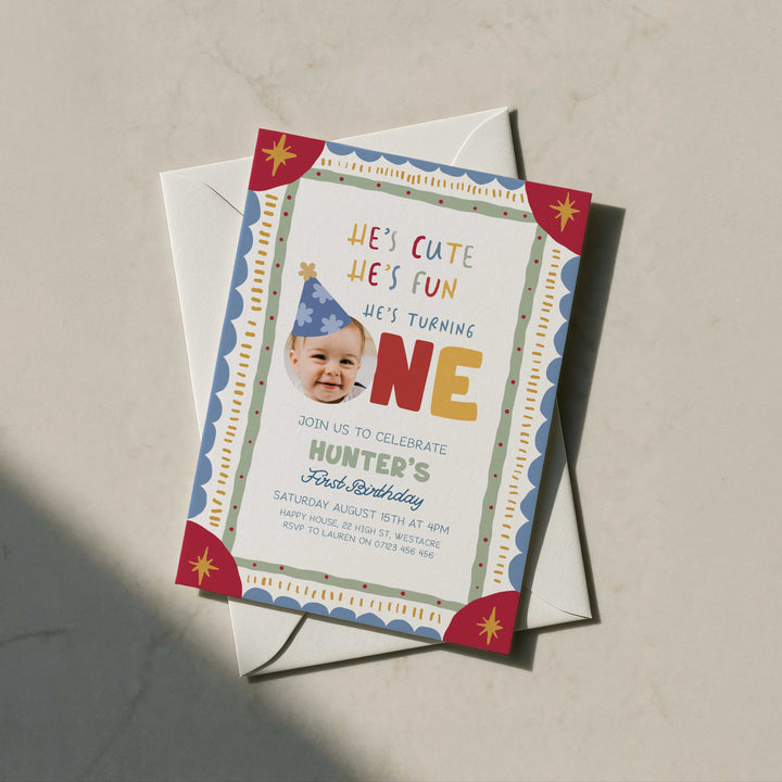 It's Fun To Be One Photo Boho Birthday Invite editable Canva Template