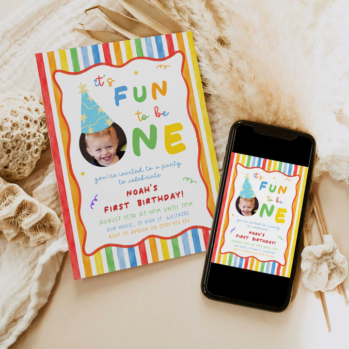 Striped It's Fun To Be One Birthday Invite editable canva template