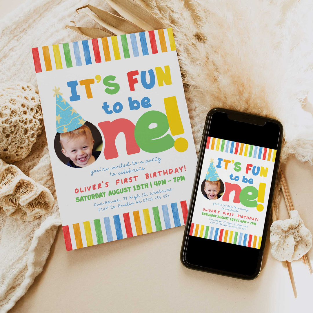 It's Fun To Be One Bright Stripe Birthday Invite editable Canva Template