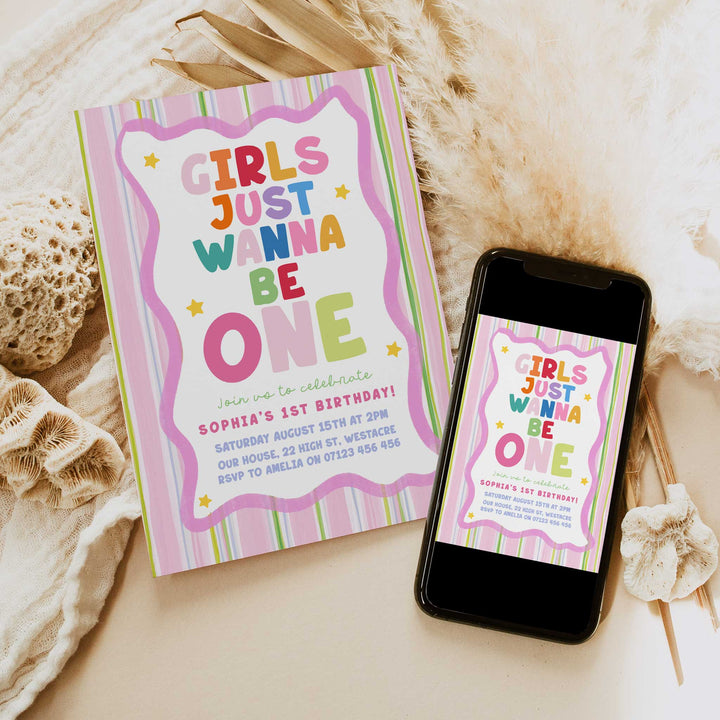 Girls Just Wanna Be One Pink & Green Striped Birthday Invite