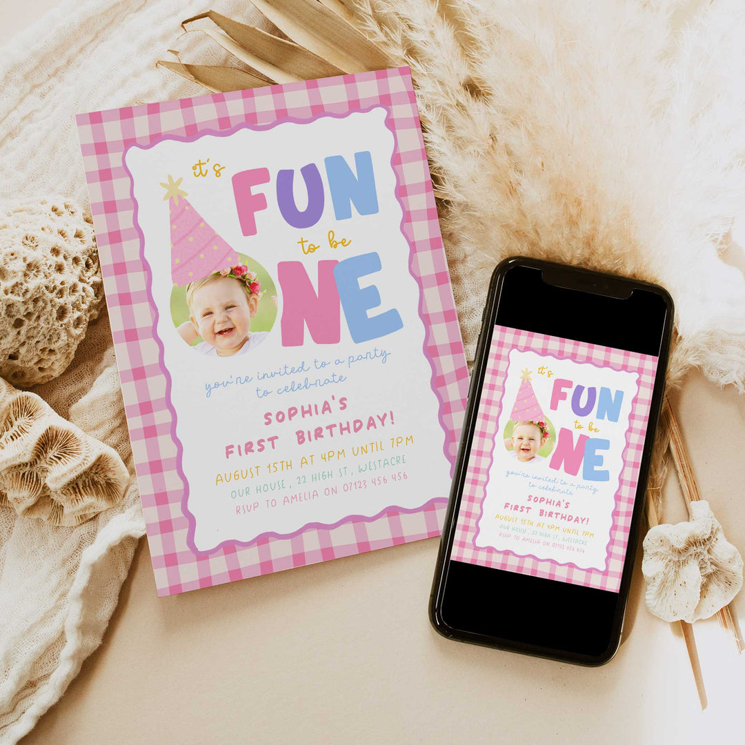 Girls Just Wanna Be One Pink Gingham Birthday Invite Editable Template In Canva