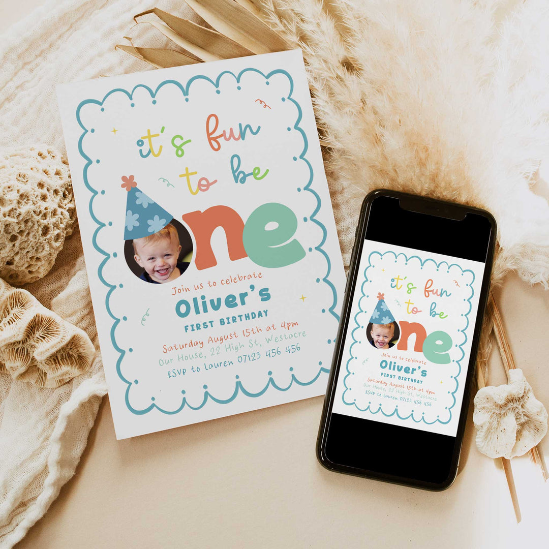 Teal It's Fun To Be One Birthday Invite editable canva template 