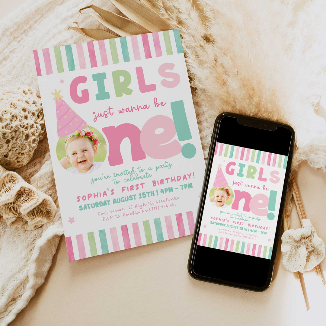 Girls Just Wanna Be One Pink Stripe Birthday Invite Editable Template Canva