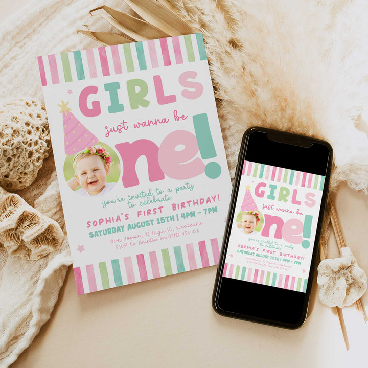 Girls Just Wanna Be One Pink Stripe Birthday Invite Editable Template Canva