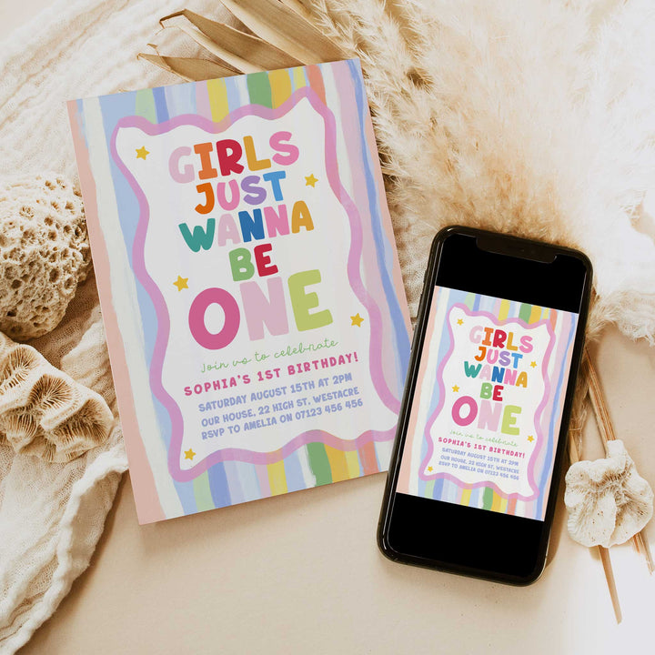 Girls Just Wanna Be One Pastel Striped Birthday Invite editable canva template