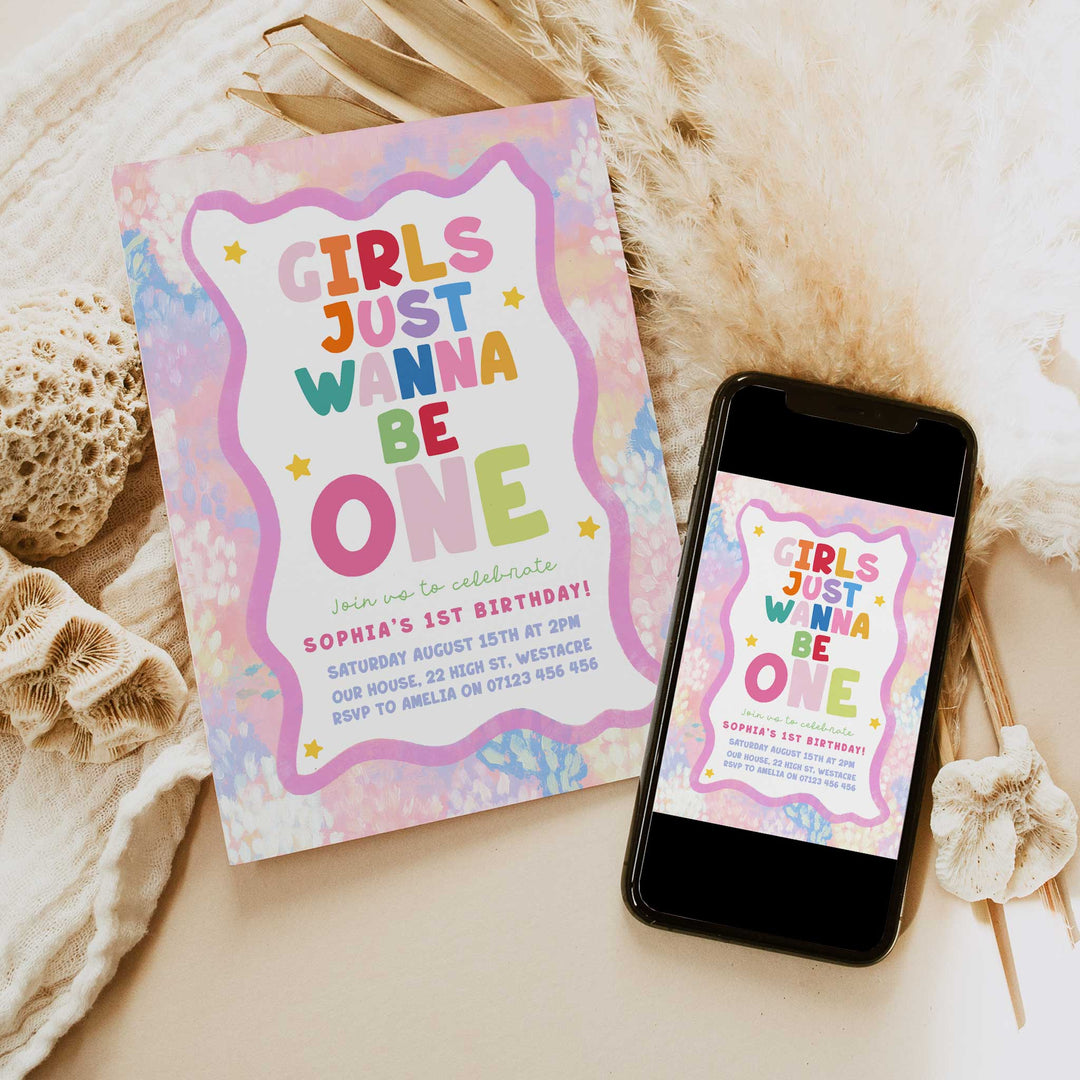 Girls Just Wanna Be One Pink & Green Watercolor Birthday Invite ditable Canva Template