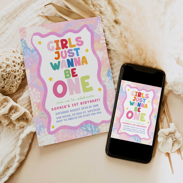 Girls Just Wanna Be One Pink & Green Watercolor Birthday Invite ditable Canva Template
