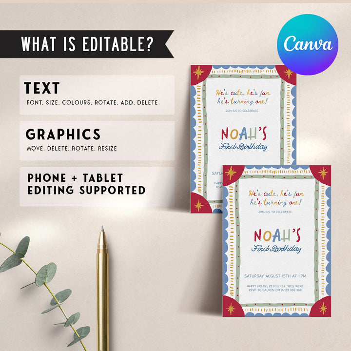 It's Fun To Be One Circus Birthday Invite editable Canva Template