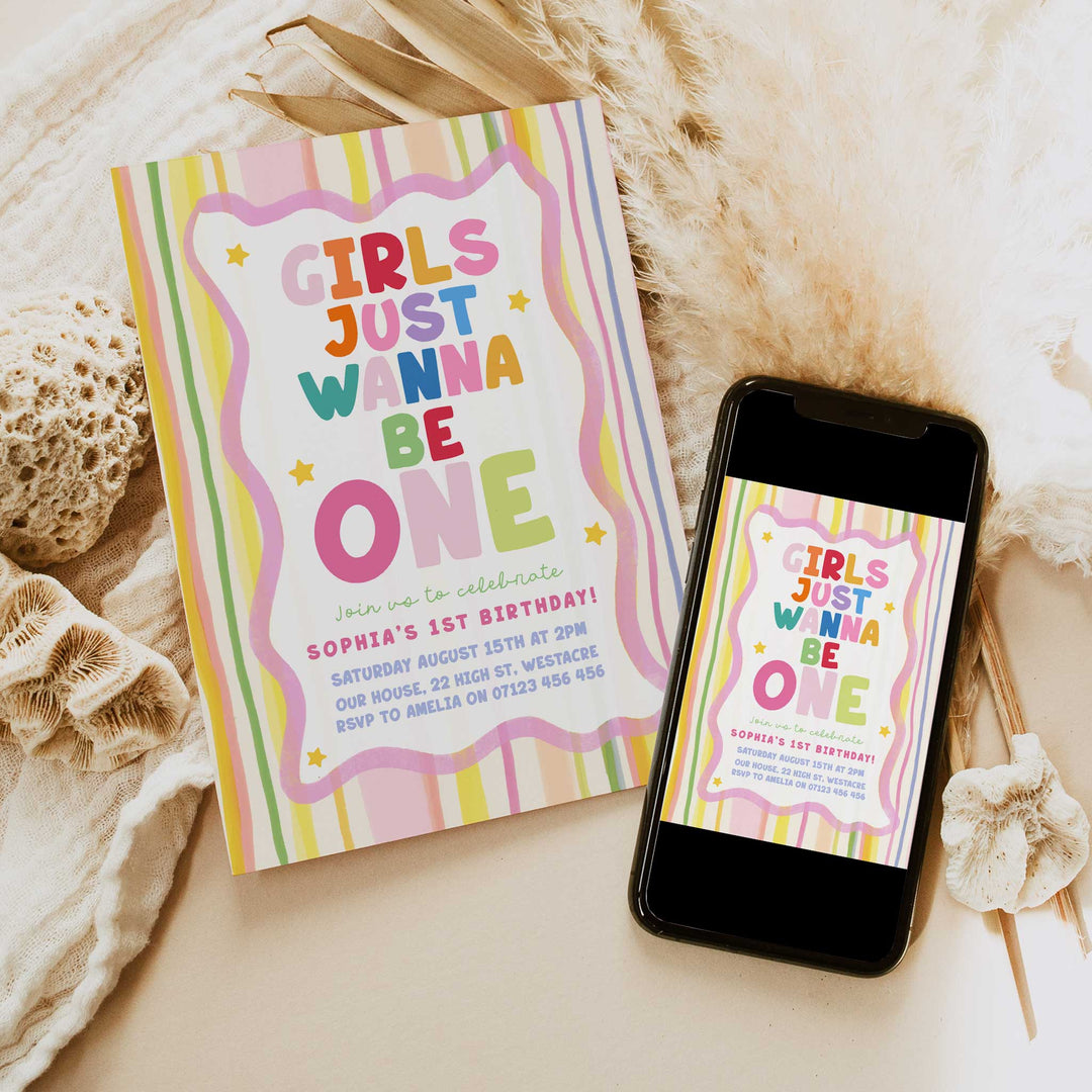 Girls Just Wanna Be One Yellow Striped Birthday Invite editable canva template
