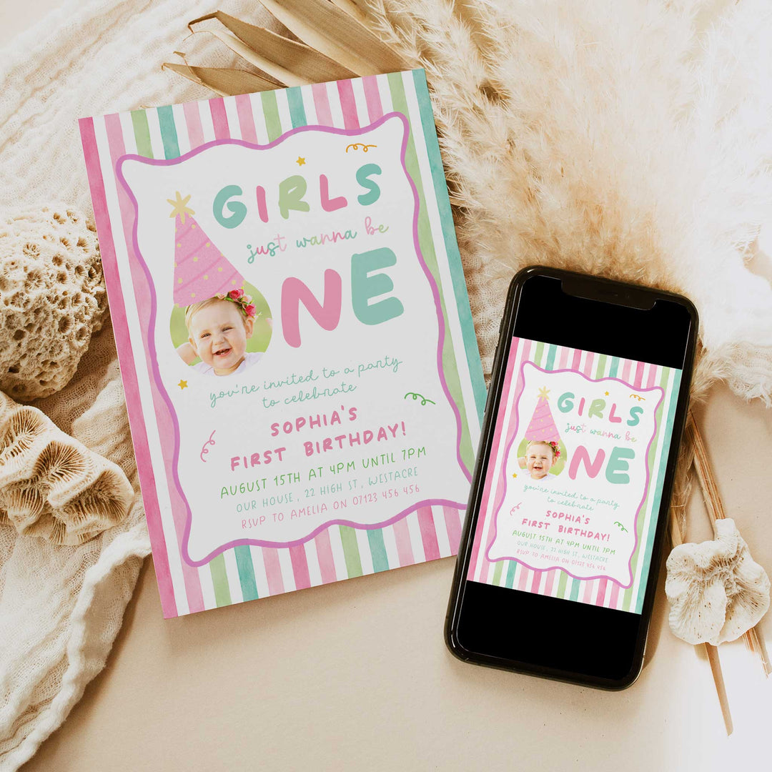 Girls Just Wanna Be One Pink Striped Birthday Invite