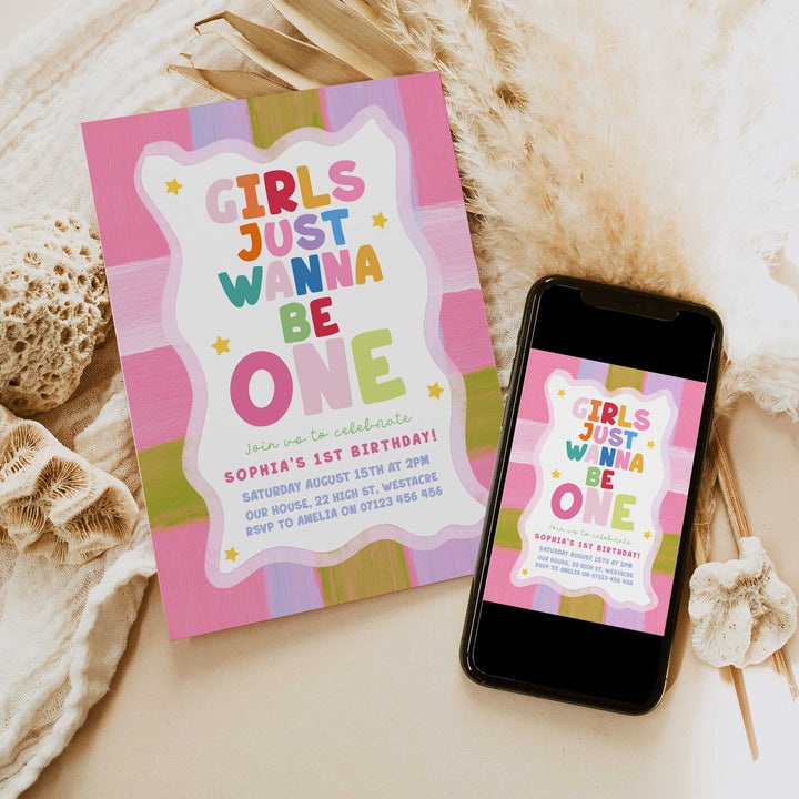 Girls Just Wanna Be One Big Stripes Birthday Invite editable canva template