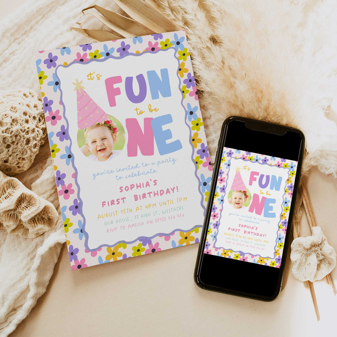 Girls Just Wanna Be One Flower Pattern Birthday Invite Canva Template
