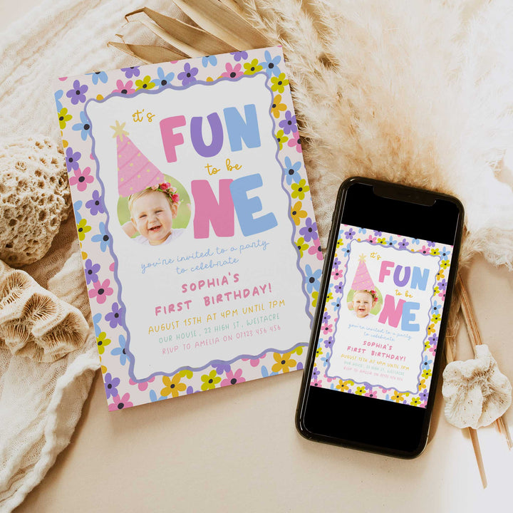 Girls Just Wanna Be One Flower Pattern Birthday Invite Canva Template