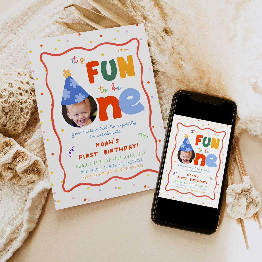 Fun To Be One With Polkadots Birthday Invite editable Canva template
