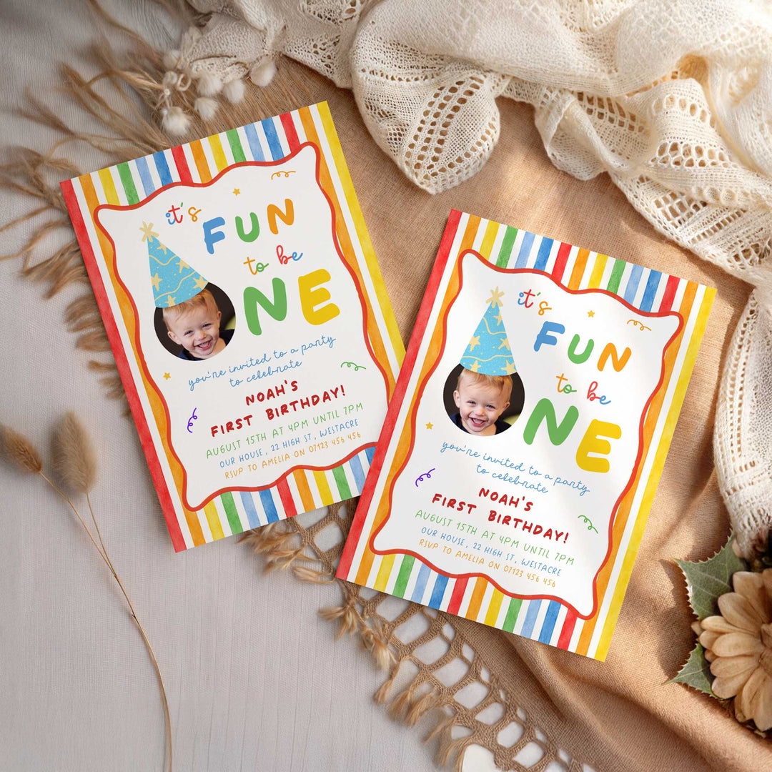 Striped It's Fun To Be One Birthday Invite editable canva template