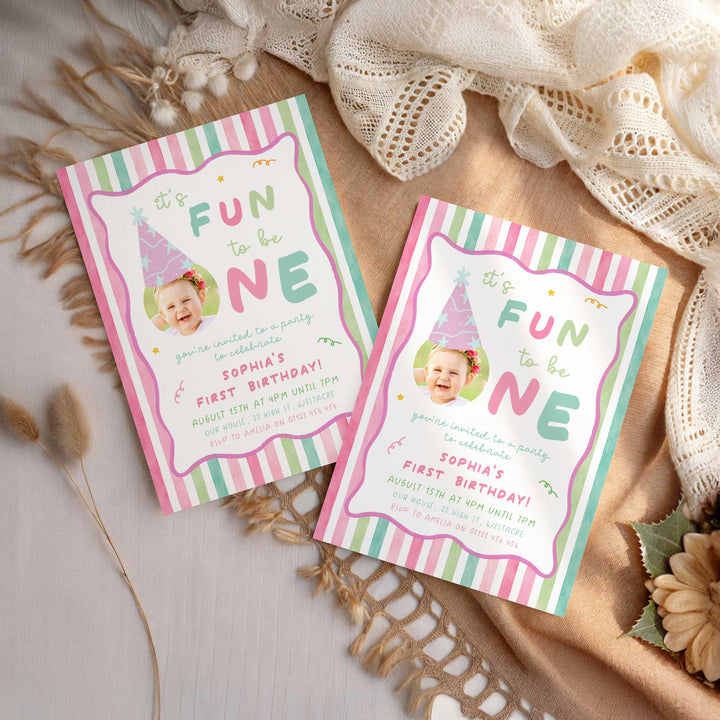 It's Fun To Be One Pink Striped Birthday Invite