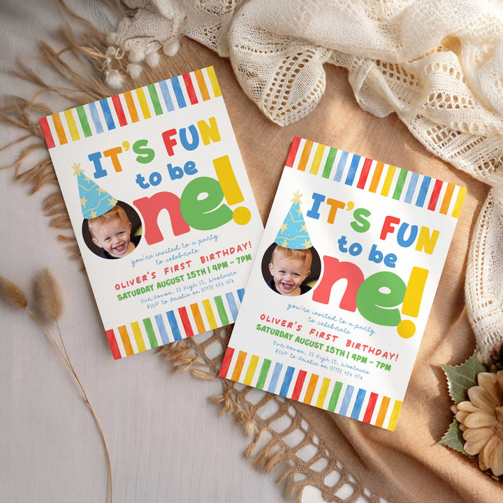 It's Fun To Be One Bright Stripe Birthday Invite editable Canva Template