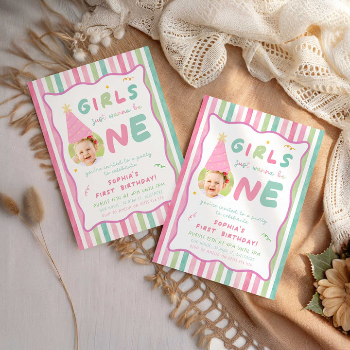 Girls Just Wanna Be One Pink Striped Birthday Invite