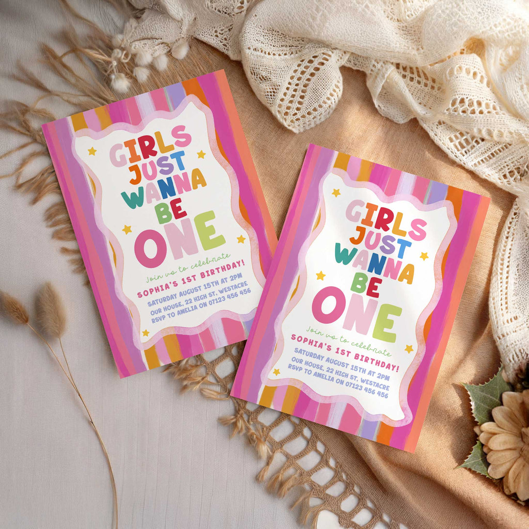 Girls Just Wanna Be One Pastel Birthday Invite editable Canva Template