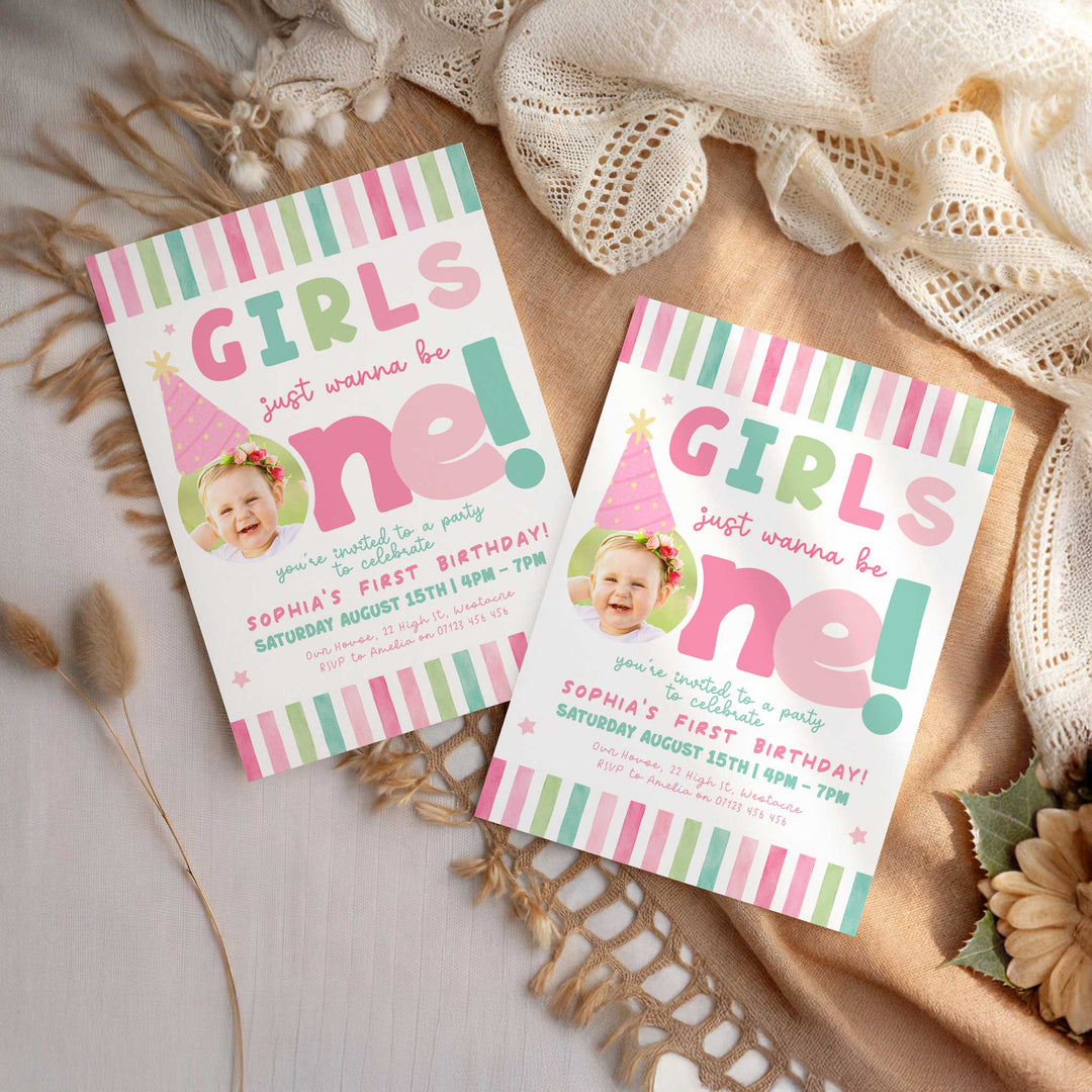 Girls Just Wanna Be One Pink Stripe Birthday Invite Editable Template Canva
