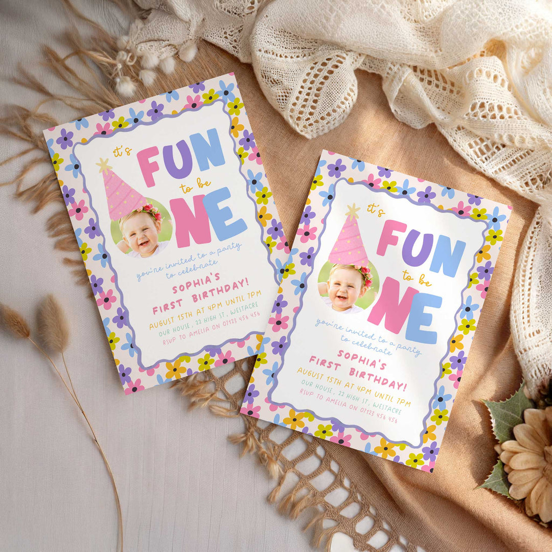 Girls Just Wanna Be One Flower Pattern Birthday Invite Canva Template