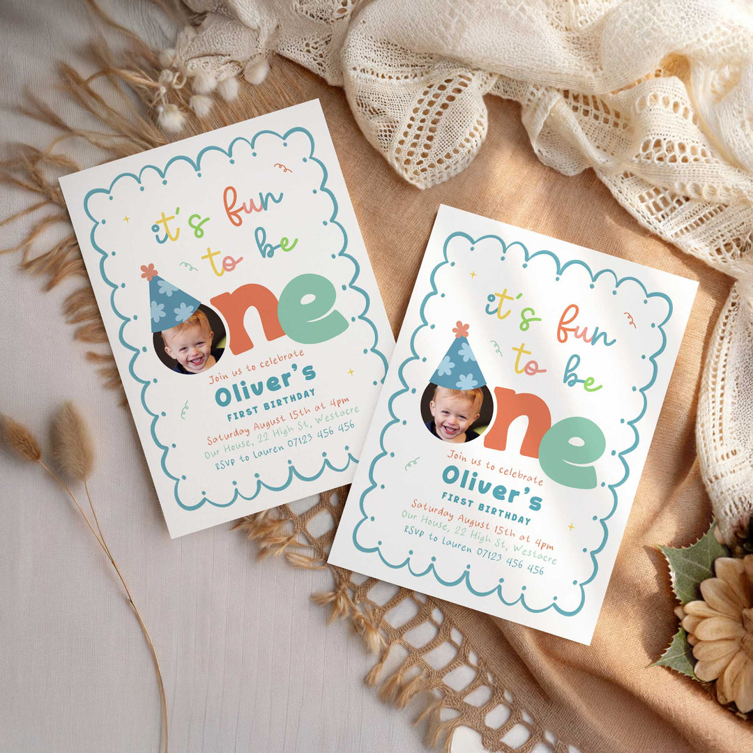 Teal It's Fun To Be One Birthday Invite editable canva template 