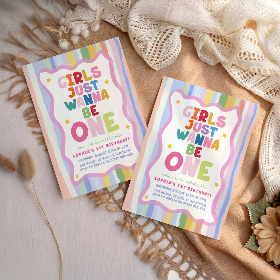 Girls Just Wanna Be One Pastel Striped Birthday Invite