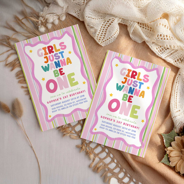 Girls Just Wanna Be One Pink & Green Striped Birthday Invite editable template in Canva