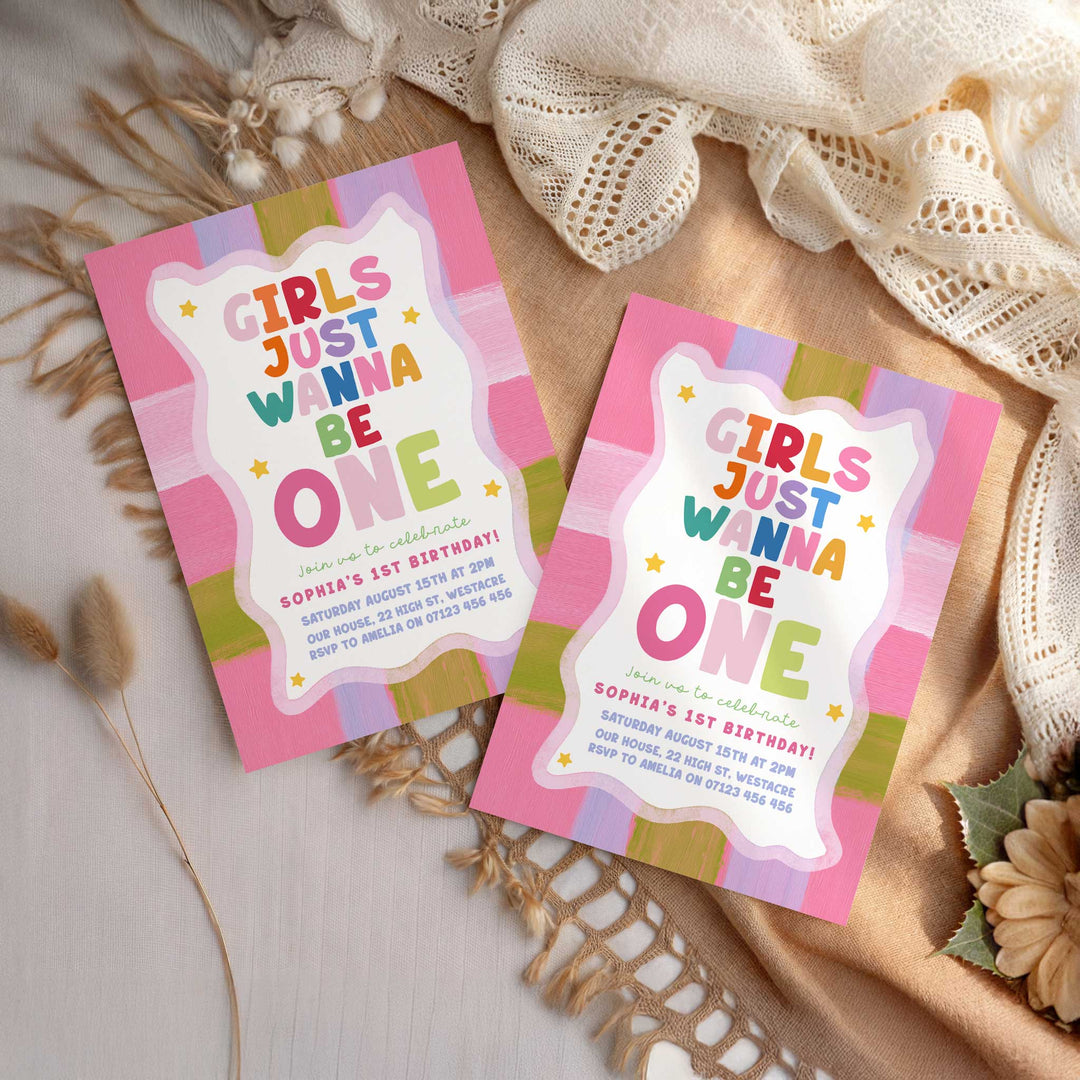 Girls Just Wanna Be One Big Stripes Birthday Invite editable canva template